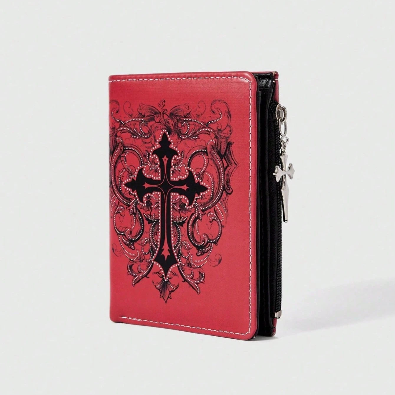 Gothic Red Unisex Wallet, Punk Cross Pattern Design, Zipper Coin Purse & Fashion Card Holder for Casual Daily Use