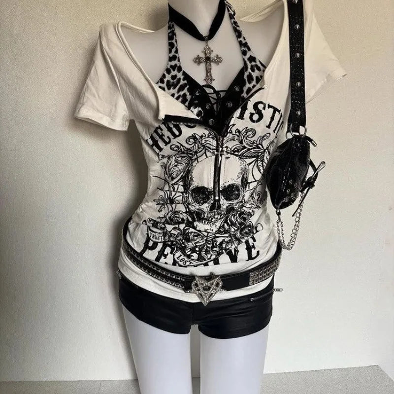 Women's Subculture Skull Print Fake Two-Piece T-Shirt Summer Gothic Slim Fit Halter Tops Y2K Harajuku Grunge Punk Fashion Tees