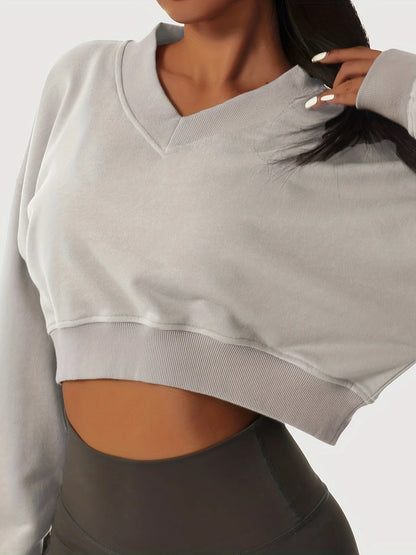 womens solid cropped long sleeve sweatshirts casual v neck pullover sports t shirts tops womens clothing
