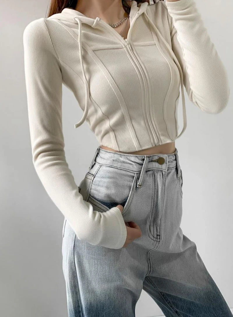 Apex Ritual – Thin Hooded Cardigan Women – Korean Vintage Slim Summer Striped Zipper Crop Top