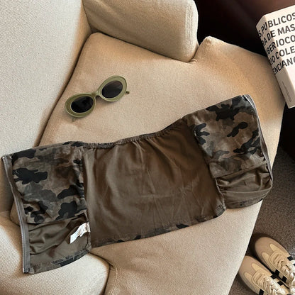 Sexy American Girl Camouflage Print Tube Top Vest Women's Summer Zipper Open Cardigan Shoulder Bared Short Style Top