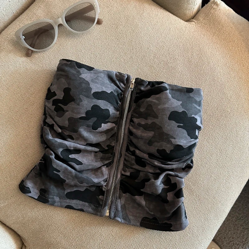 Sexy American Girl Camouflage Print Tube Top Vest Women's Summer Zipper Open Cardigan Shoulder Bared Short Style Top
