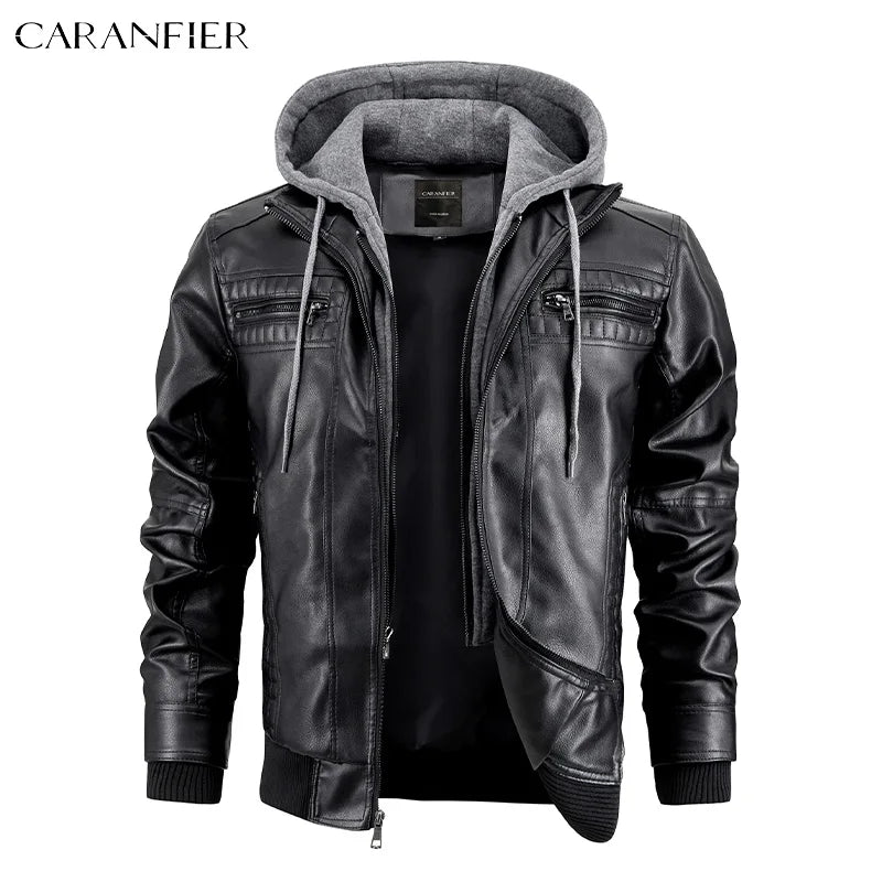 CARANFIER Men PU Leather Jacket Male Moto Biker Hooded Luxury Coats Clothing Faux Vintage Outerwear Chaqueta Hombre Dropshipping
