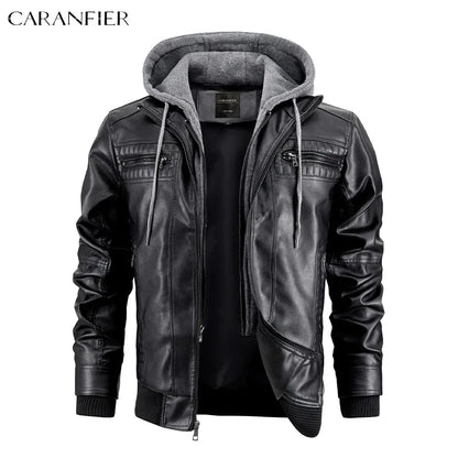 CARANFIER Men PU Leather Jacket Male Moto Biker Hooded Luxury Coats Clothing Faux Vintage Outerwear Chaqueta Hombre Dropshipping