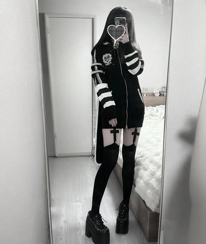 Japanese Harajuku Style Bow Sweet Cool Long-Ear Hooded Lace Trim Color-Block Zipper Long Cardigan Coat Gothic Hoodie Jacket