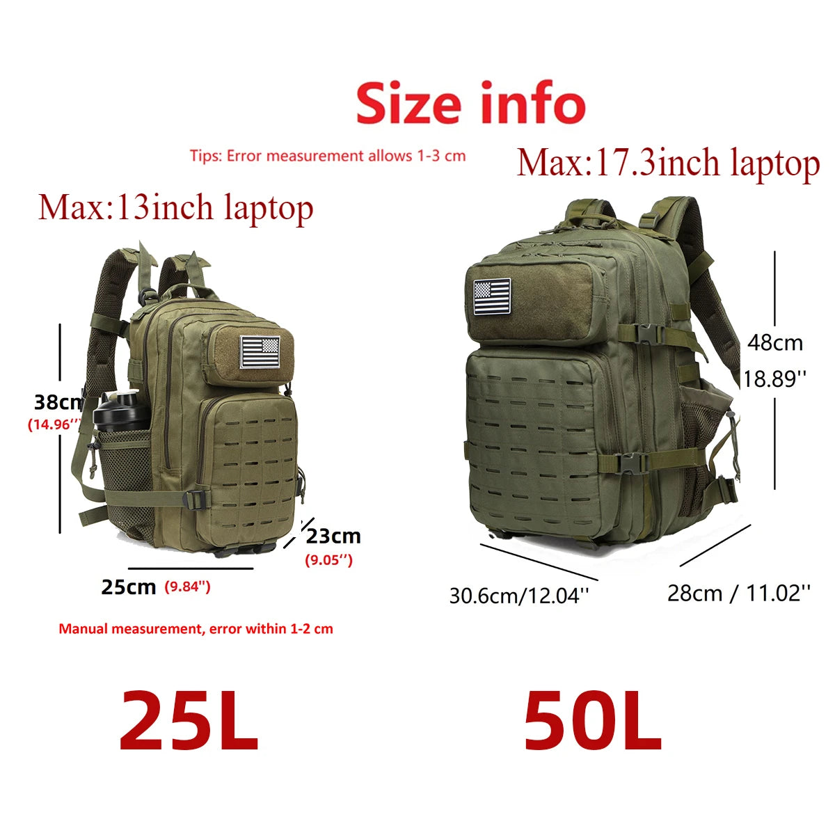 Apex Ritual – タクティカルMOLLEハンティングバックパック 25L/50L – EDC ジム＆アウトドアハイキングリュックサック ボトルホルダー付き