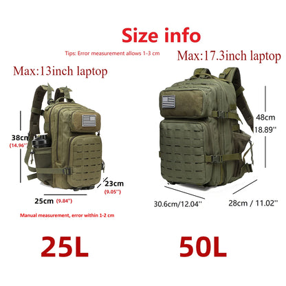 Apex Ritual – タクティカルMOLLEハンティングバックパック 25L/50L – EDC ジム＆アウトドアハイキングリュックサック ボトルホルダー付き