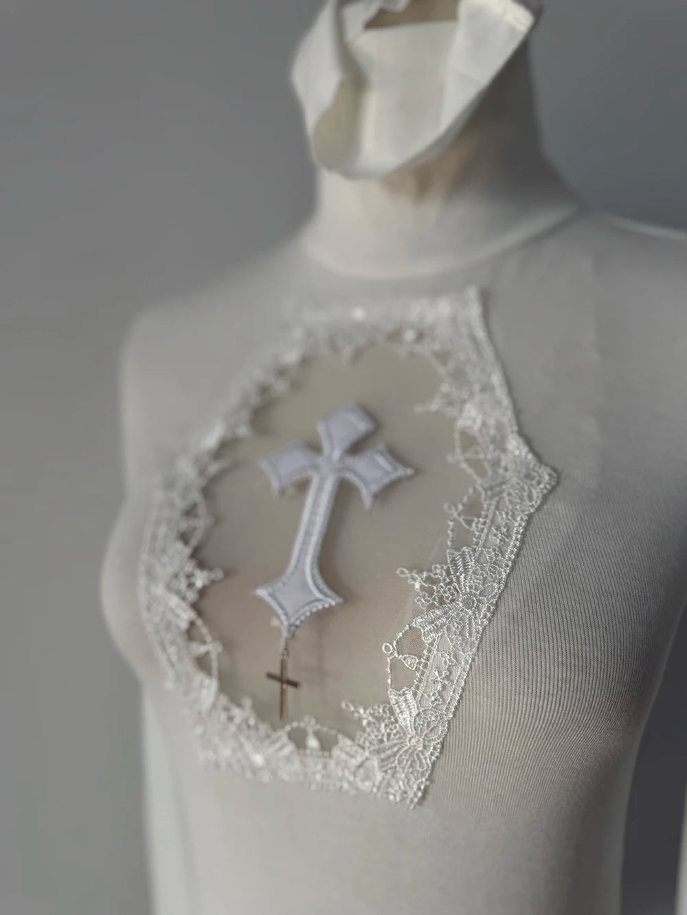 High Neck Dark Gothic Cross Hollow Slimming Bottom Knitted Shirt for Women Halloween Costume Long Sleeve Sexy T-shirt Women Tops