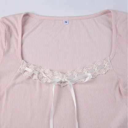 Mooyu Cute Bandage Bow Cropped Top Pink Sweet Coquette Sweet T Shirts Fall Spring Casual Square Collar Tees Women y2k Aesthetic