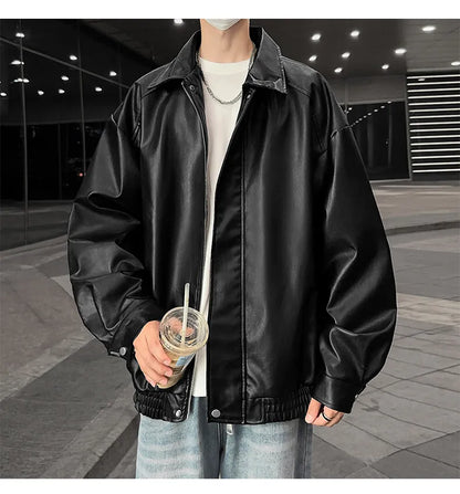 Youth Fashion Men Leather Jacket Casual Zipper Black Motorcycle Waterproof Windproof Pu Bomber Coat