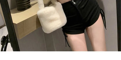 XS-5XL Shorts Women Black Wide-leg High Waist Shirring Lace-up All-match Streetwear Korean Fashion Summer Female Casual Y2k Chic