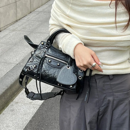 Neo Motorcycle Bag Handheld Rivet Head Layered Oil Wax Cowhide Crossbody Women's Bag Cool And Spicy Girl Retro Style Tote Bag