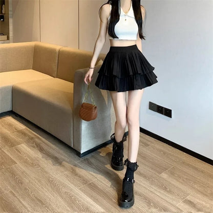 Women Ruffled Pleated A-Line Mini Skirt Summer Tulle Cake High Waist Slim Skirt Shorts Female Sexy Korean Kawaii White