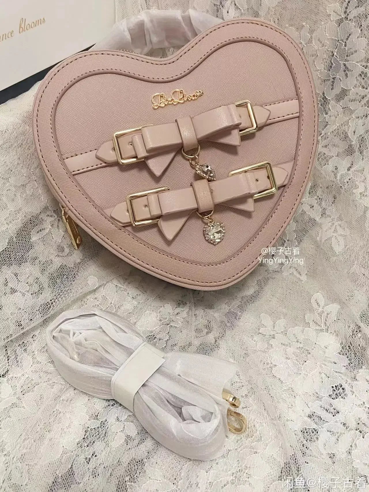 Japanese Style Liz Bag Mine Lolita Love Rhinestone Bow Crossbody Handbag Women Girls Sweet Heart Shaped Pink Pu Shoulder Bag