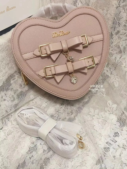 Japanese Style Liz Bag Mine Lolita Love Rhinestone Bow Crossbody Handbag Women Girls Sweet Heart Shaped Pink Pu Shoulder Bag