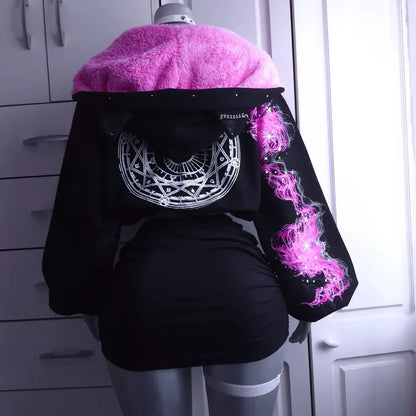 Black Cat Ear Hooded Jacket Women's Pink Fluffy Lining Mystical Magic Circle - APEX RITUAL women's jackets & coats