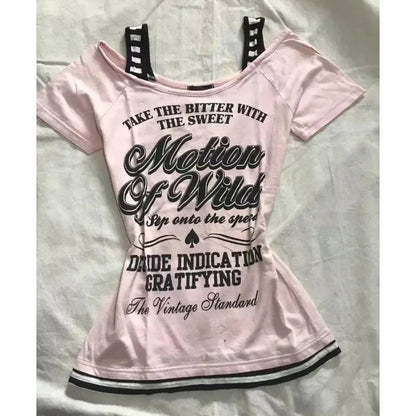 American Retro Fake Two Piece T-shirts Off Shoulder Short Sleeve Y2k Slim Fit Top Tee Skull Print Harajuku Streetwear 2026