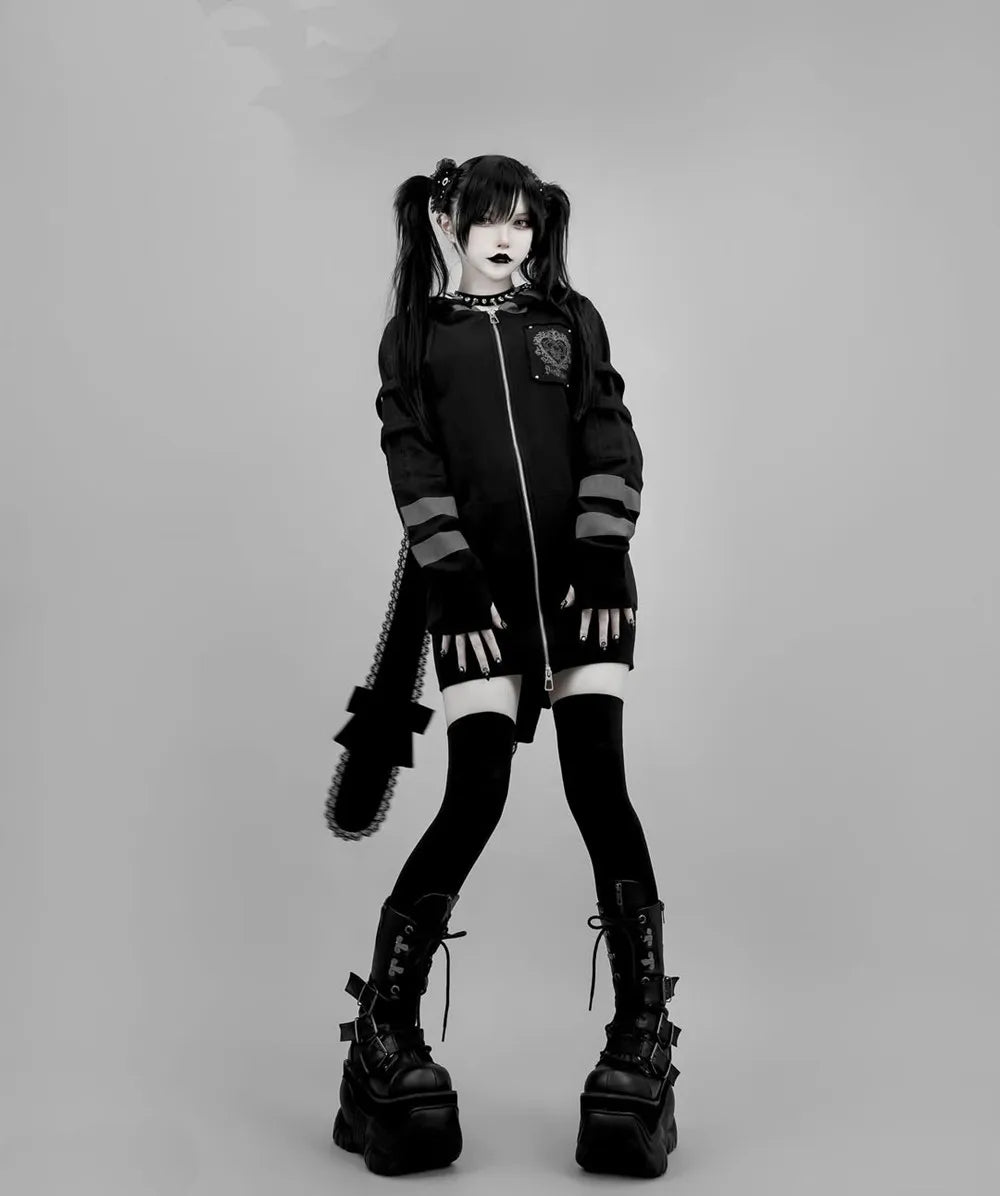 Japanese Harajuku Style Bow Sweet Cool Long-Ear Hooded Lace Trim Color-Block Zipper Long Cardigan Coat Gothic Hoodie Jacket