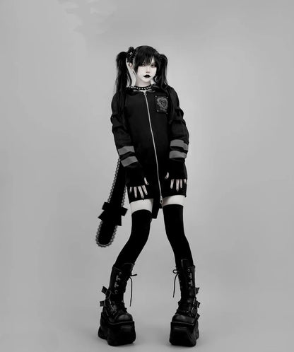 Japanese Harajuku Style Bow Sweet Cool Long-Ear Hooded Lace Trim Color-Block Zipper Long Cardigan Coat Gothic Hoodie Jacket