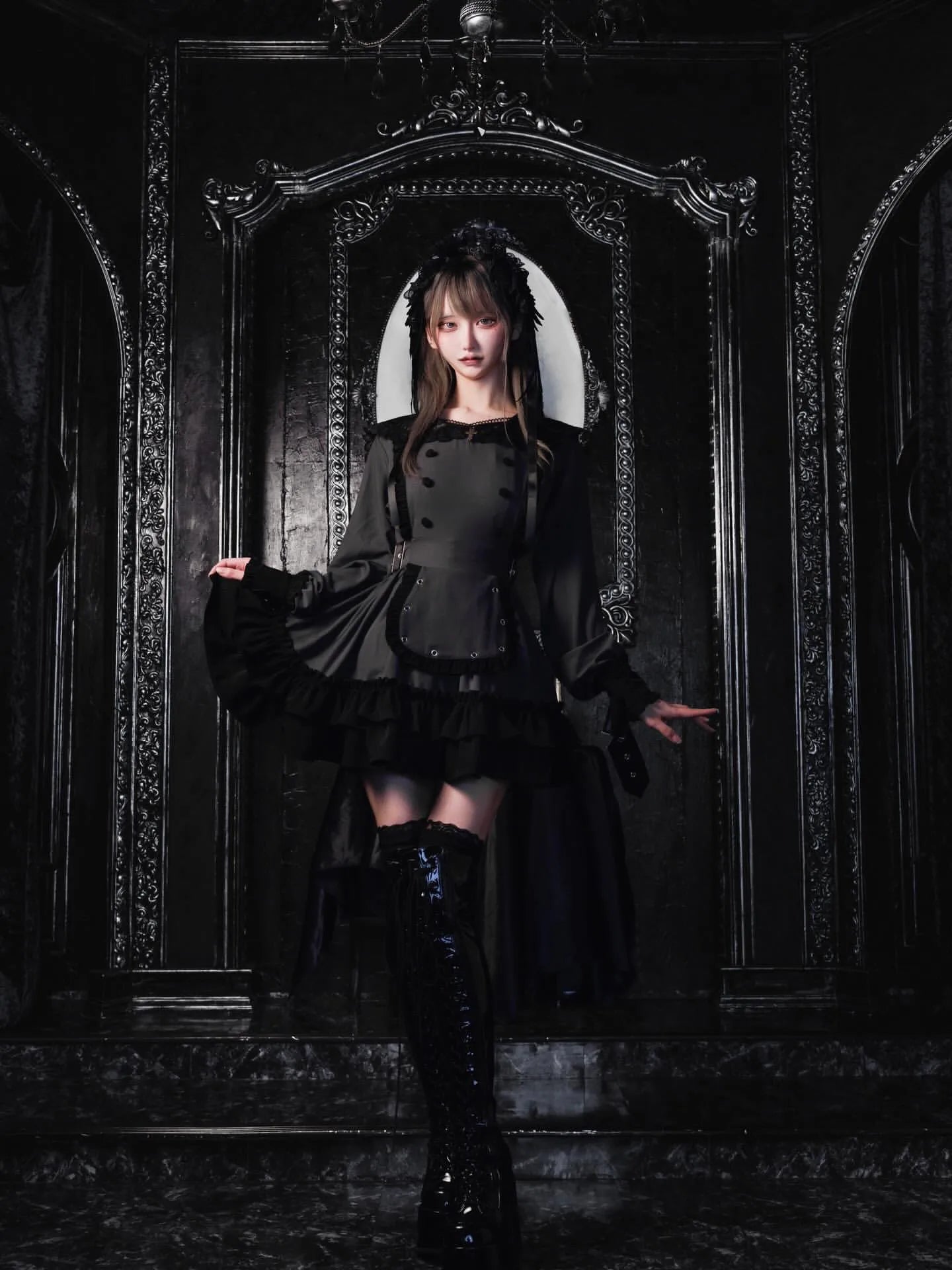 Women's Gothic Navy-Collar Maid Dress Set