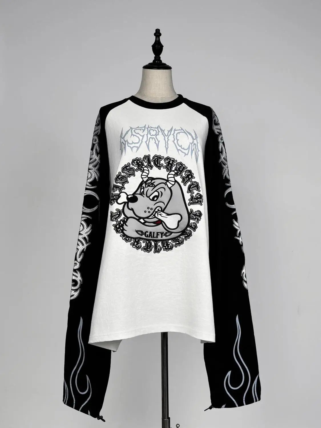 Japanese Harajuku Streetwear Co-branded Subculture Tattoo Embroidery Flame Long Sleeve Oversized Sleeve T-Shirt