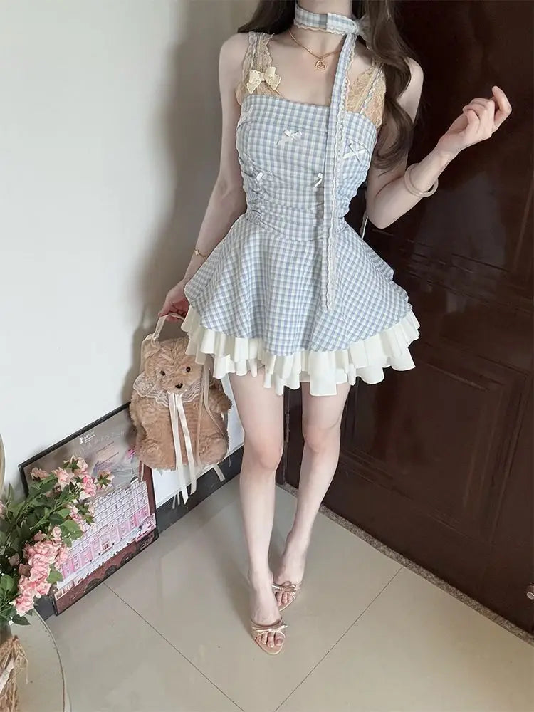 Women's Blue Plaid Bow Strapless Mini Dress