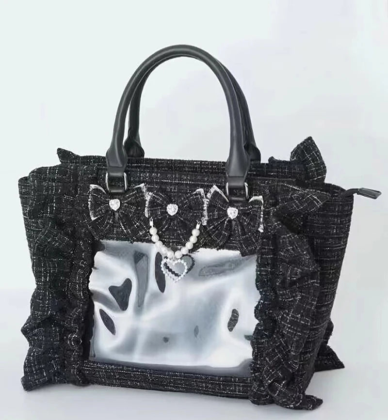 Japanese Style Mine Bags Women Ruffled Lace Lolita Girls Rhienstone Pearl Bowknot Square Tote Shoulder Portable Bolso Handbags