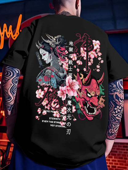 IJapanese Style Prajna Geisha Cherry Blossom Pure Cotton T-shirt for Children and Adults, Breathable and Fun Top