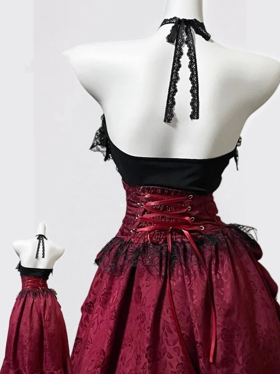 Women's Gothic Halter Lace Skirt Set