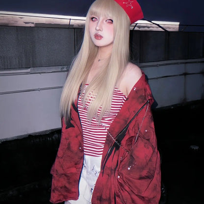 Y2k Aesthetic Printing Punk Hoodies Women Grunge Loose Pocket Oversized Hooded Hoody Harajuku Streetwear Emo Zipper Sweatshirts