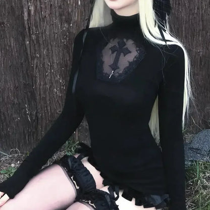 High Neck Dark Gothic Cross Hollow Slimming Bottom Knitted Shirt for Women Halloween Costume Long Sleeve Sexy T-shirt Women Tops