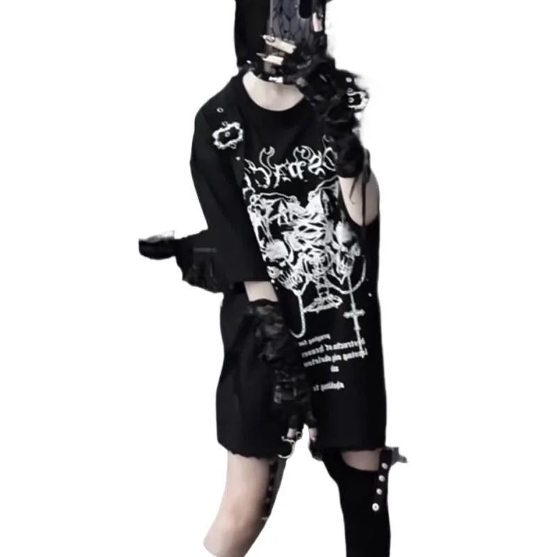 Sweet Girl Style Y2K Subculture Printed Crew Neck Short Sleeve Loose T-shirt Gothic Top Trend (Accessories Not Included)