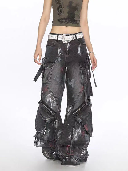 Women's Y2K Gothic Multi-Pocket Wide-Leg Jeans