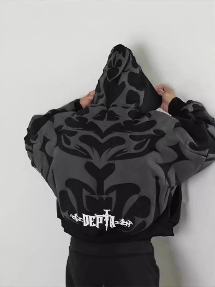 Punk High Street Fashion Destructive Style Zipper Hoodie Men Multi Pocket - APEX RITUAL men's hoodies & sweatshirts
