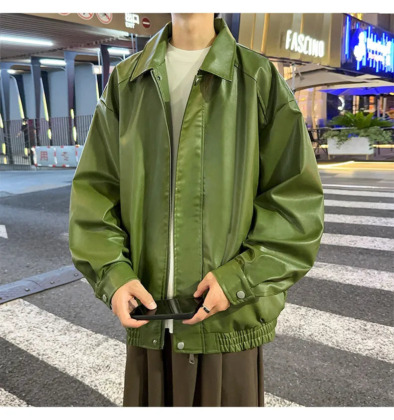 Youth Fashion Men Leather Jacket Casual Zipper Black Motorcycle Waterproof Windproof Pu Bomber Coat