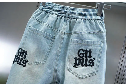 American high-street letter embroidered washed denim jeans fashion loose-fitting jogger harem pants slim-fit casual pants