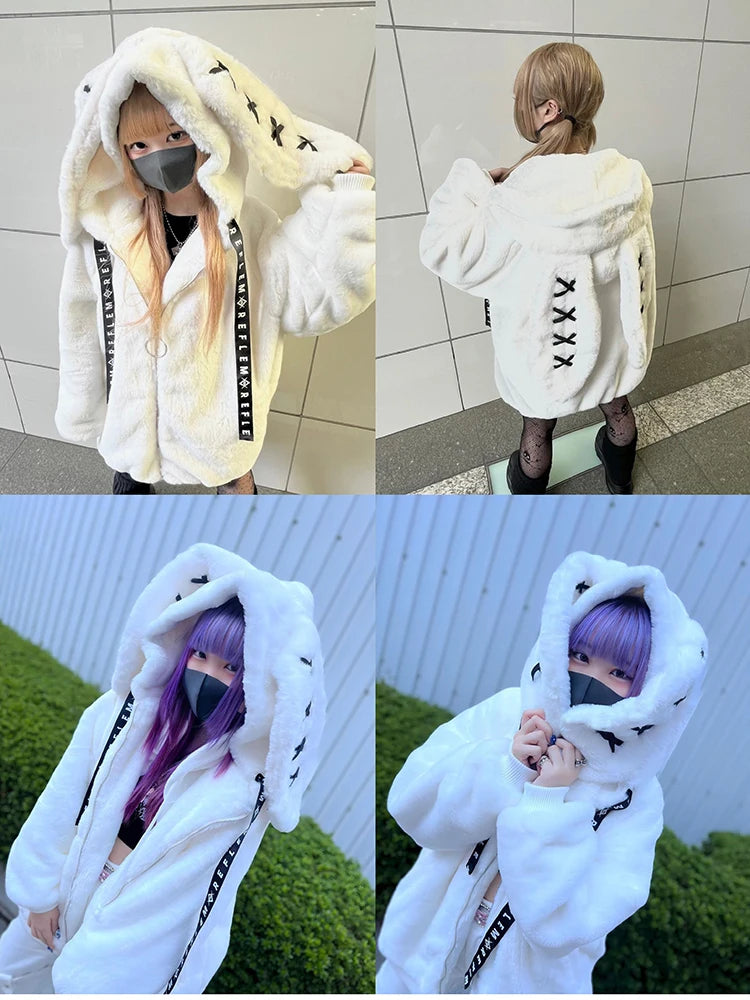 Women's White Faux Fur Bunny-Ear Coat
