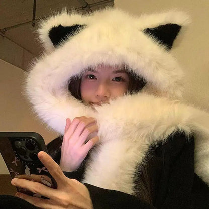 2025 New Women's Plush Fox Ear Bucket Hat Windproof Integrated Cap Scarf Trendy Cute Plush Neck Warm Hat Scarf Balaclava Hat