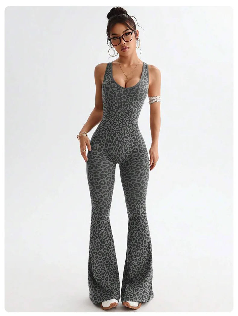 Women's Leopard Print Cross-Back Yoga Jumpsuit