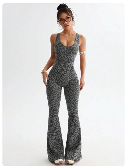 Women's Leopard Print Cross-Back Yoga Jumpsuit