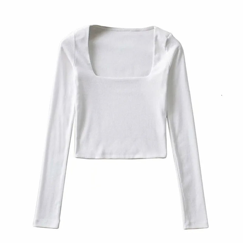 Women's Ribbed Square-Neck Long-Sleeve Crop Top