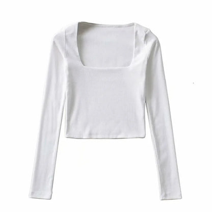 Women's Ribbed Square-Neck Long-Sleeve Crop Top