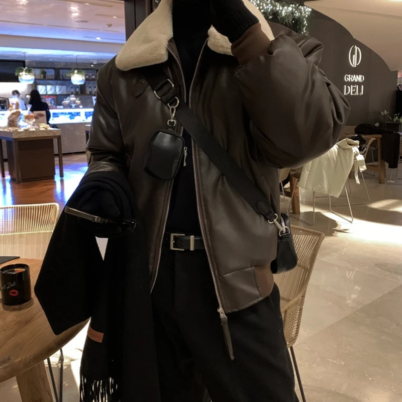 Winter Jacket Men Warm Fashion Casual Thickened Leather Jacket Men Streetwear Korean Loose Short Coat Mens Thick Leather Coat