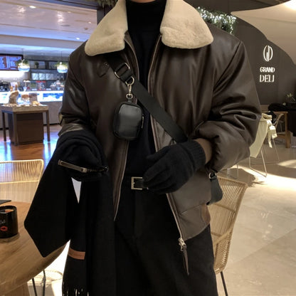 Winter Jacket Men Warm Fashion Casual Thickened Leather Jacket Men Streetwear Korean Loose Short Coat Mens Thick Leather Coat