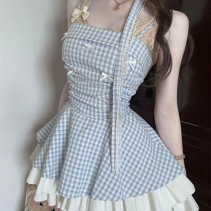 Women's Blue Plaid Bow Strapless Mini Dress