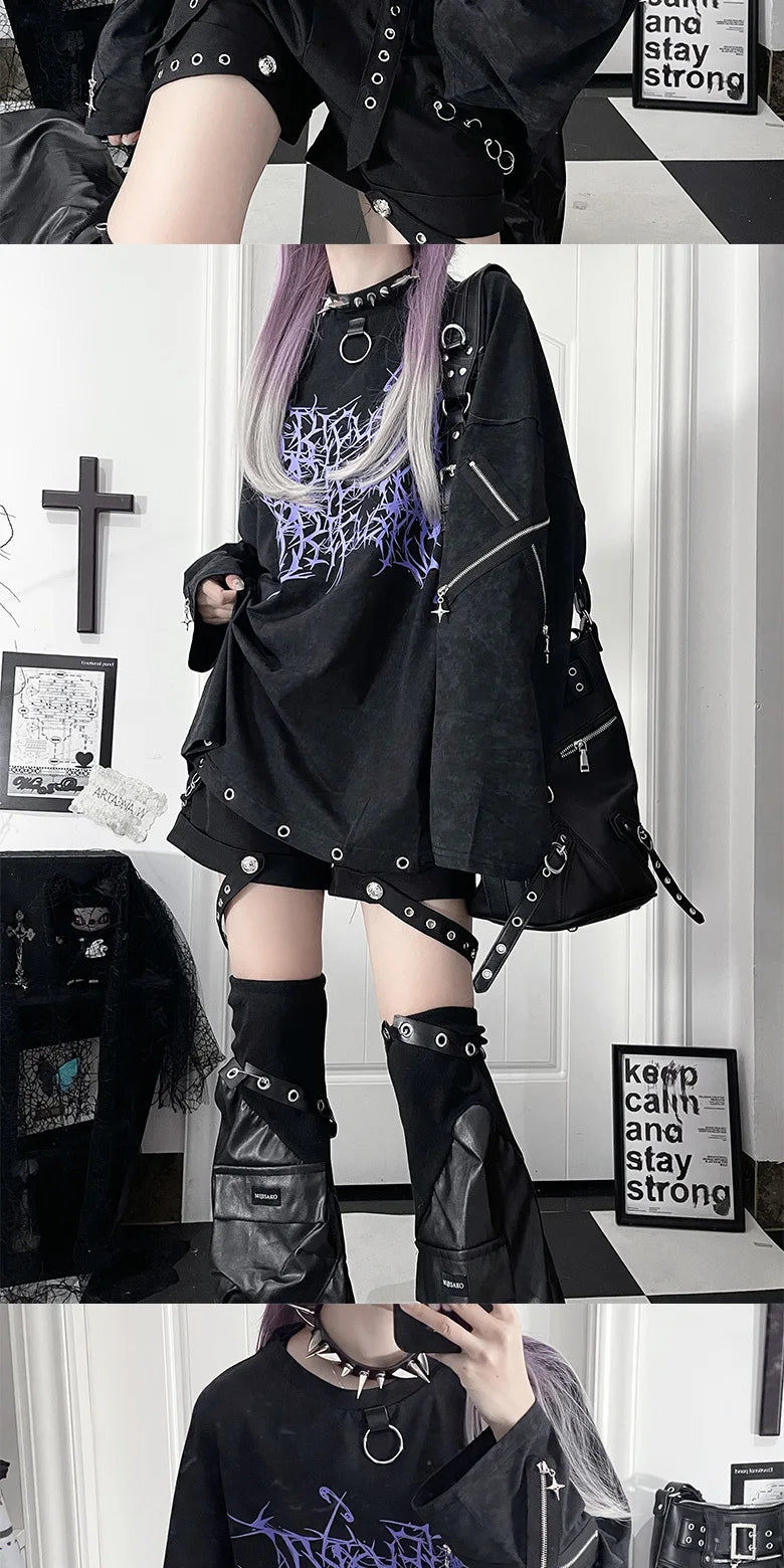 Original Print Subculture Dark Loose Long Sleeve Pure Cotton T-Shirt Japanese Punk Gothic Long Sleeve Round Neck Cool Girl Top