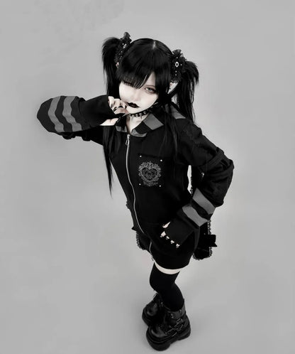 Japanese Harajuku Style Bow Sweet Cool Long-Ear Hooded Lace Trim Color-Block Zipper Long Cardigan Coat Gothic Hoodie Jacket