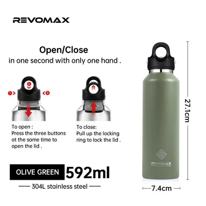 RevoMax-Double Wall Insulated Water Bottle, Outdoor Travel Sports Bottles, Stainless Steel Thermos for Tea, Thermal Cup, 600ml