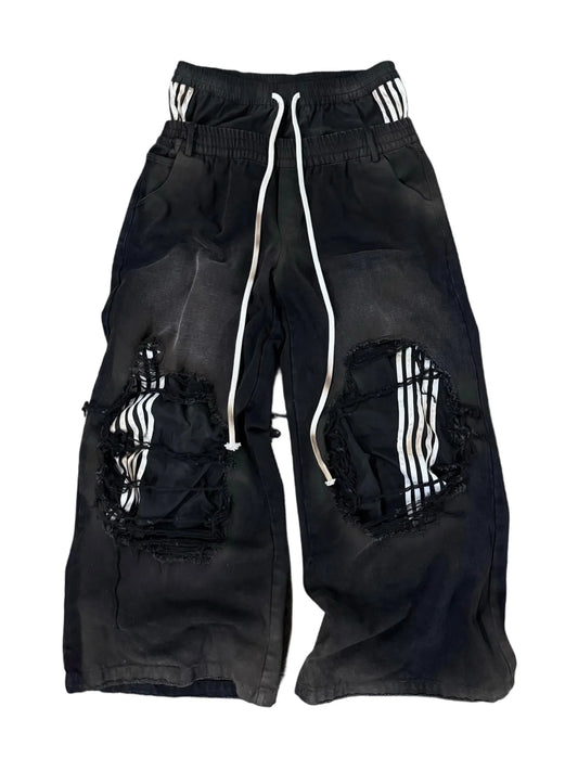 New Y2K Korean fashion brand stripe hole baggy jeans harajuku men women - APEX RITUAL men's jeans