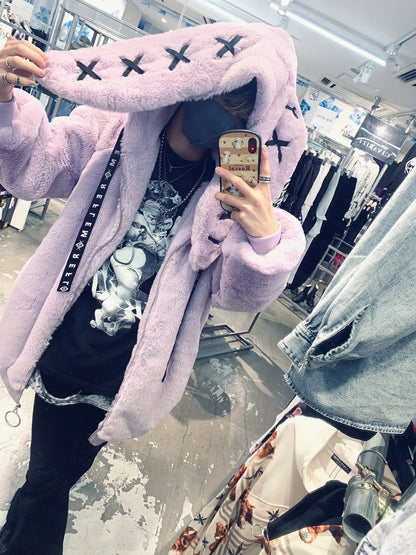 Japanese Harajuku Rabbit Ears Fur Purple Coat for women 2023 Winter New Women's Dark Punk Mid-Length Zipper Plush Coats Street